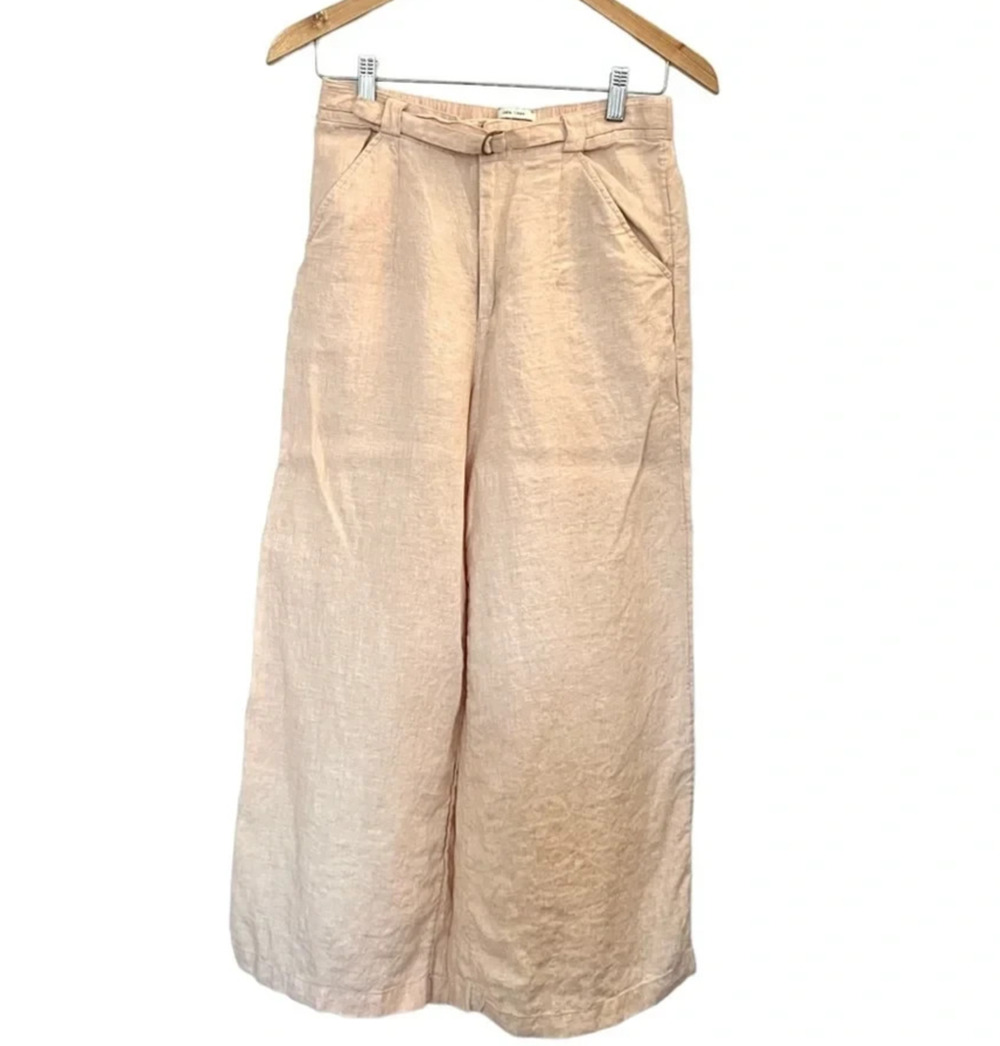RACHEL ZOE Women size S Blush Linen Wide Leg High Waist Belted Cropped Pants